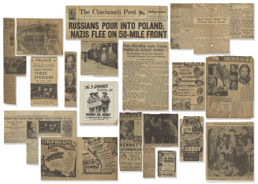 Approximately 2 Dozen Newspaper Clippings From Moe Howard's Scrapbook -- Most From the 1930s With Howard, Fine & Howard and Three Stooges Content -- Very Good